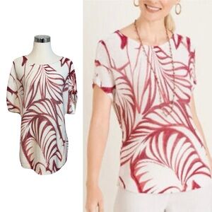 Chico's 2 (L) White Red Tropical Print Linen Blend Knit Short Sleeve Sweater Top